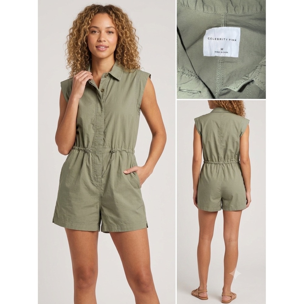 Celebrity Pink Women Olive Green Utility Romper Sleeveless Drawstring Waist M